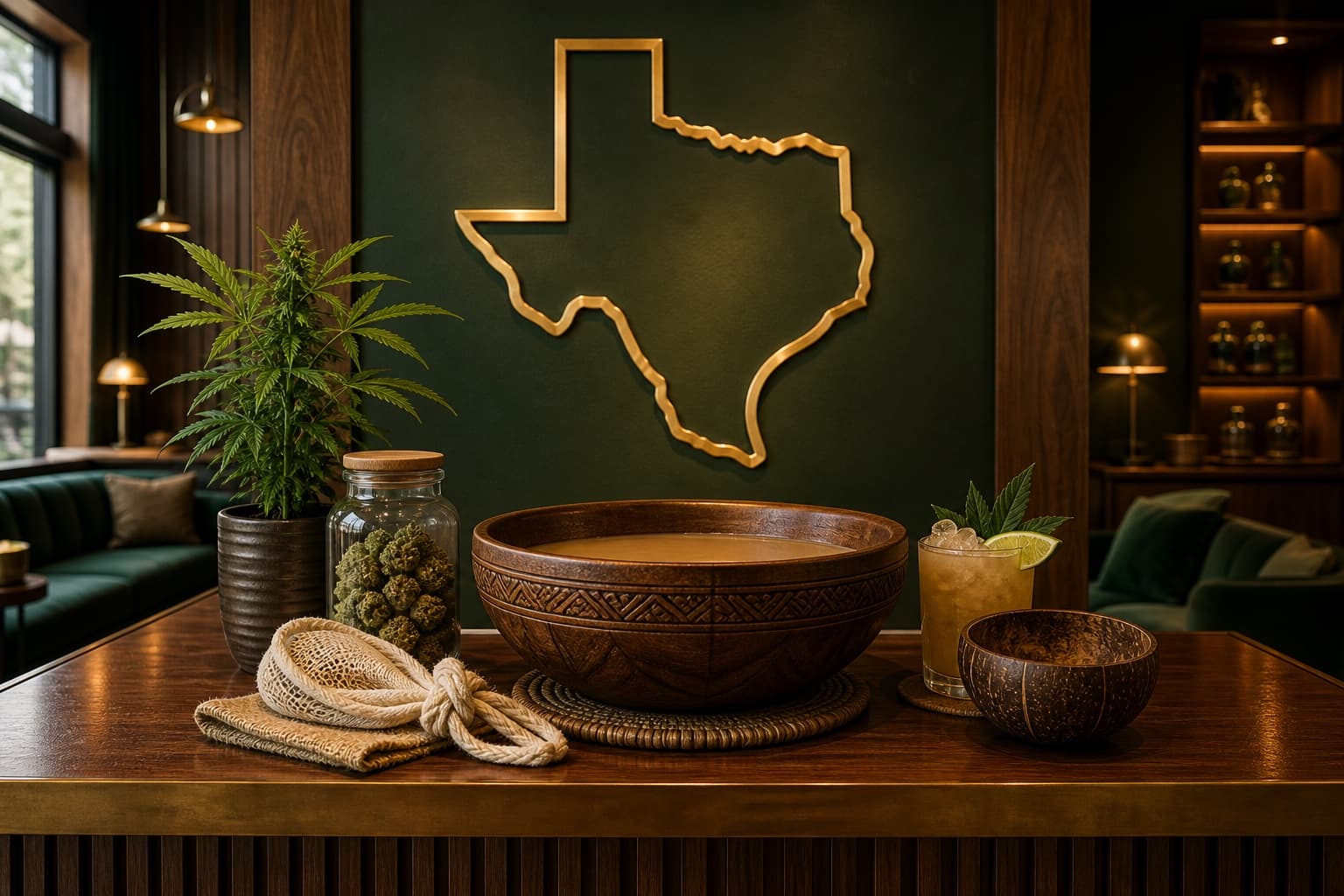Traditional kava service inside a modern Texas cannabis lounge with a large Texas-shaped wall installation