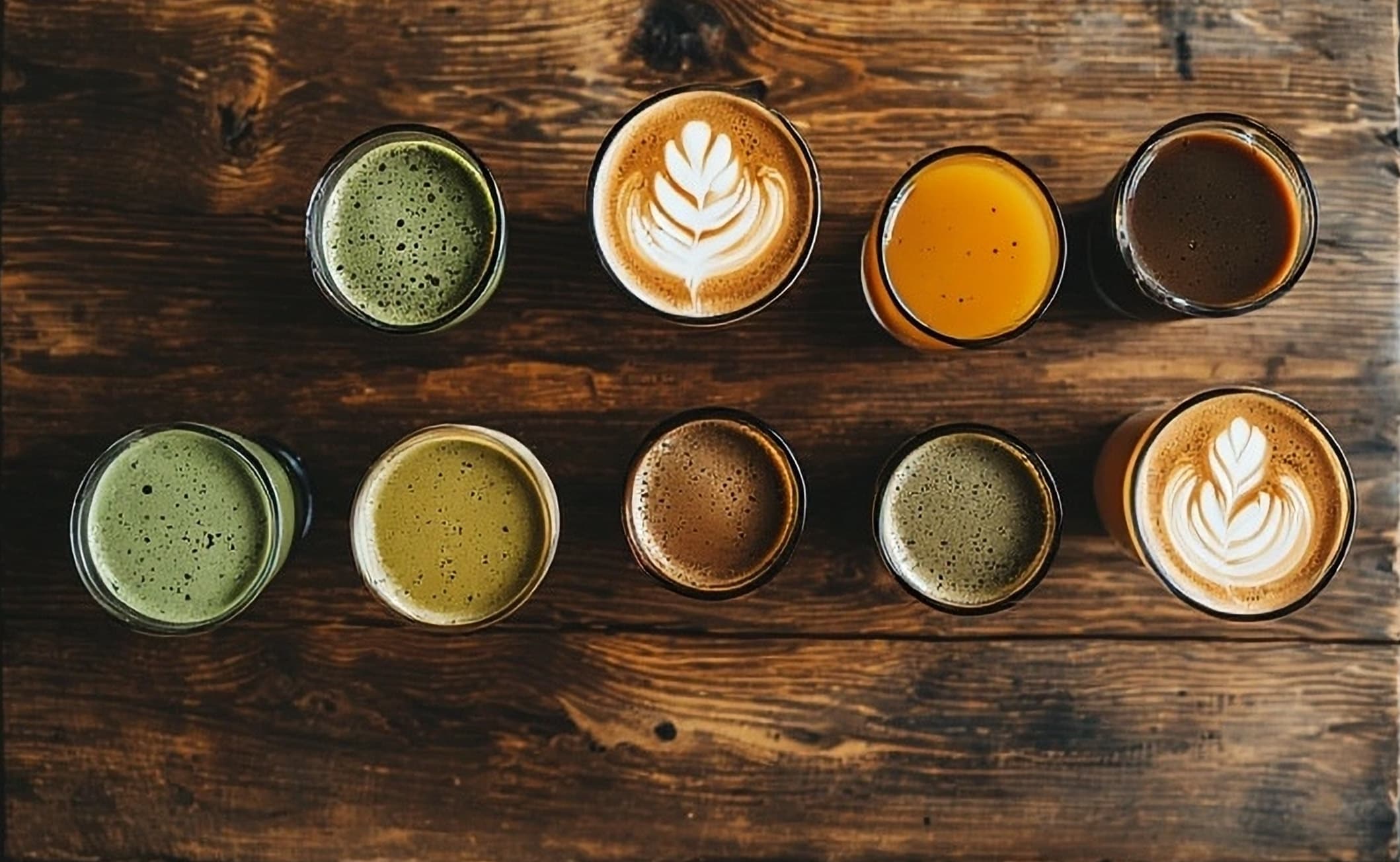 Overhead lineup of coffee, matcha, kava, and botanical drinks served by McKinney Leaf Café
