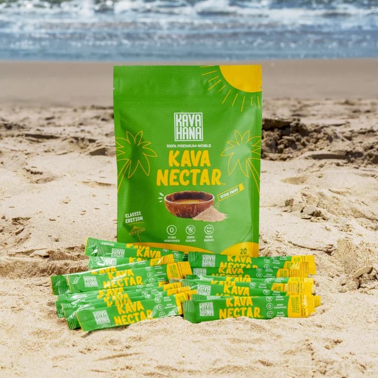 Kavahana Kava Nectar packaging with individual green and yellow stick packs