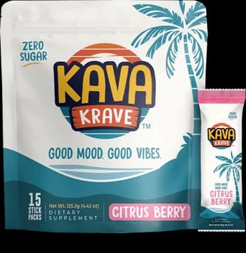 Kava Krave Citrus Berry drink mix pouch with an individual stick