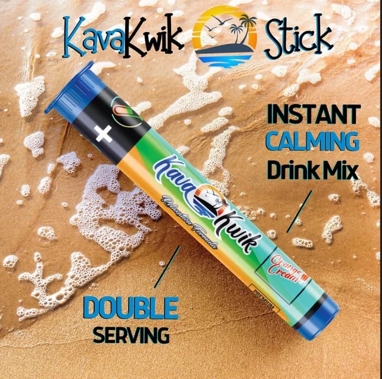 KavaKwik reusable double-serving powder tube on a beach background