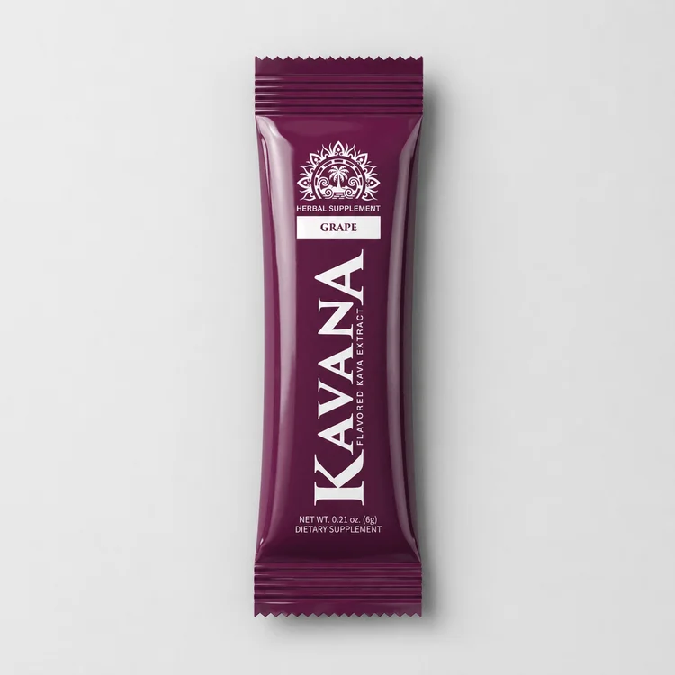 An individual purple Kavana kava drink mix stick
