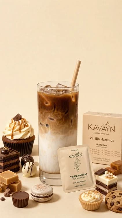Kavayn Vanilla-Hazelnut liquid snap packs and box beside a prepared drink