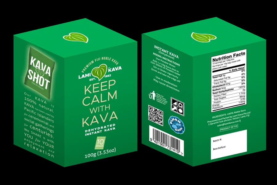 Lami Kava green Kava Shot box labeled 10 sachets of 10 grams