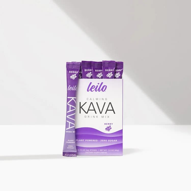 Leilo Berry kava drink mix box and individual purple sticks