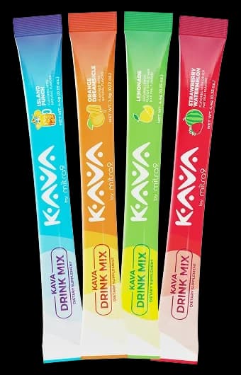 Four Mitra9 kava drink mix sticks in Island Punch, Orange Dreamsicle, Lemonade and Strawberry Watermelon