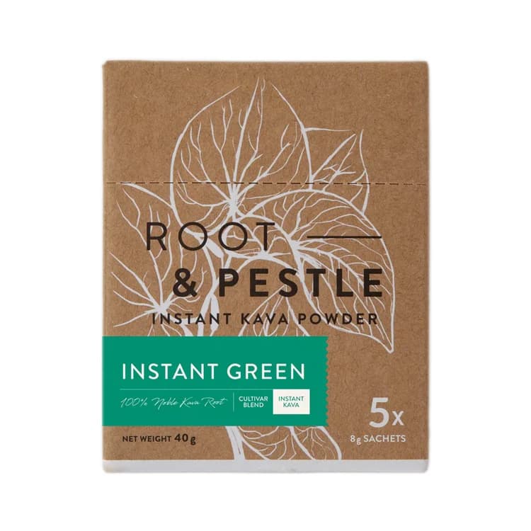 Root & Pestle Instant Green kava sold by The Kava Society in a five-sachet pack