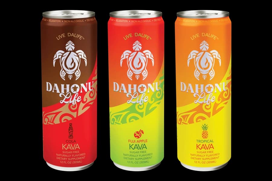 DaHonu Life Kava Cola, Fuji Apple and Tropical kava seltzer cans