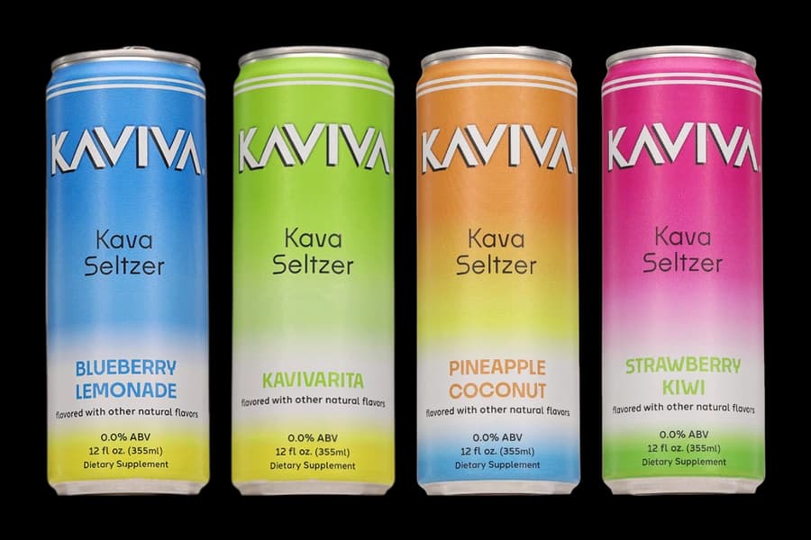 Kaviva Social Seltzer cans in Blueberry Lemonade, Kavivarita, Pineapple Coconut and Strawberry Kiwi
