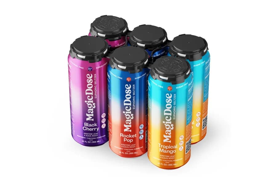 MagicDose Black Cherry, Rocket Pop and Tropical Mango kava and kratom seltzer cans