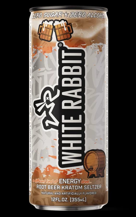 White Rabbit Root Beer kratom seltzer can