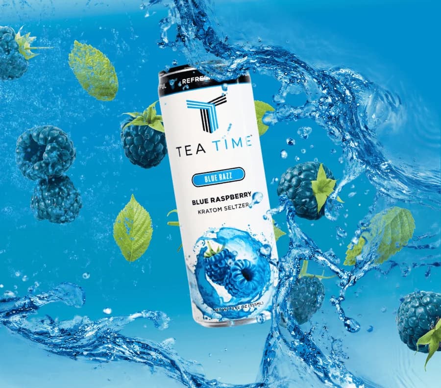 Tea Time Blue Razz kratom seltzer can