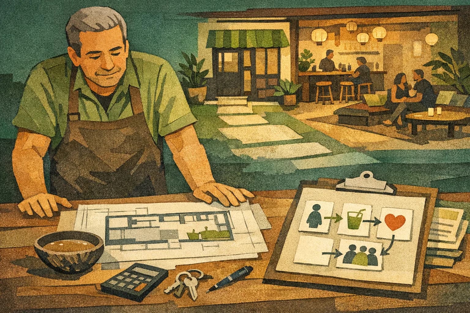 Kava bar owner reviewing a floor plan, customer journey, costs, and storefront before opening