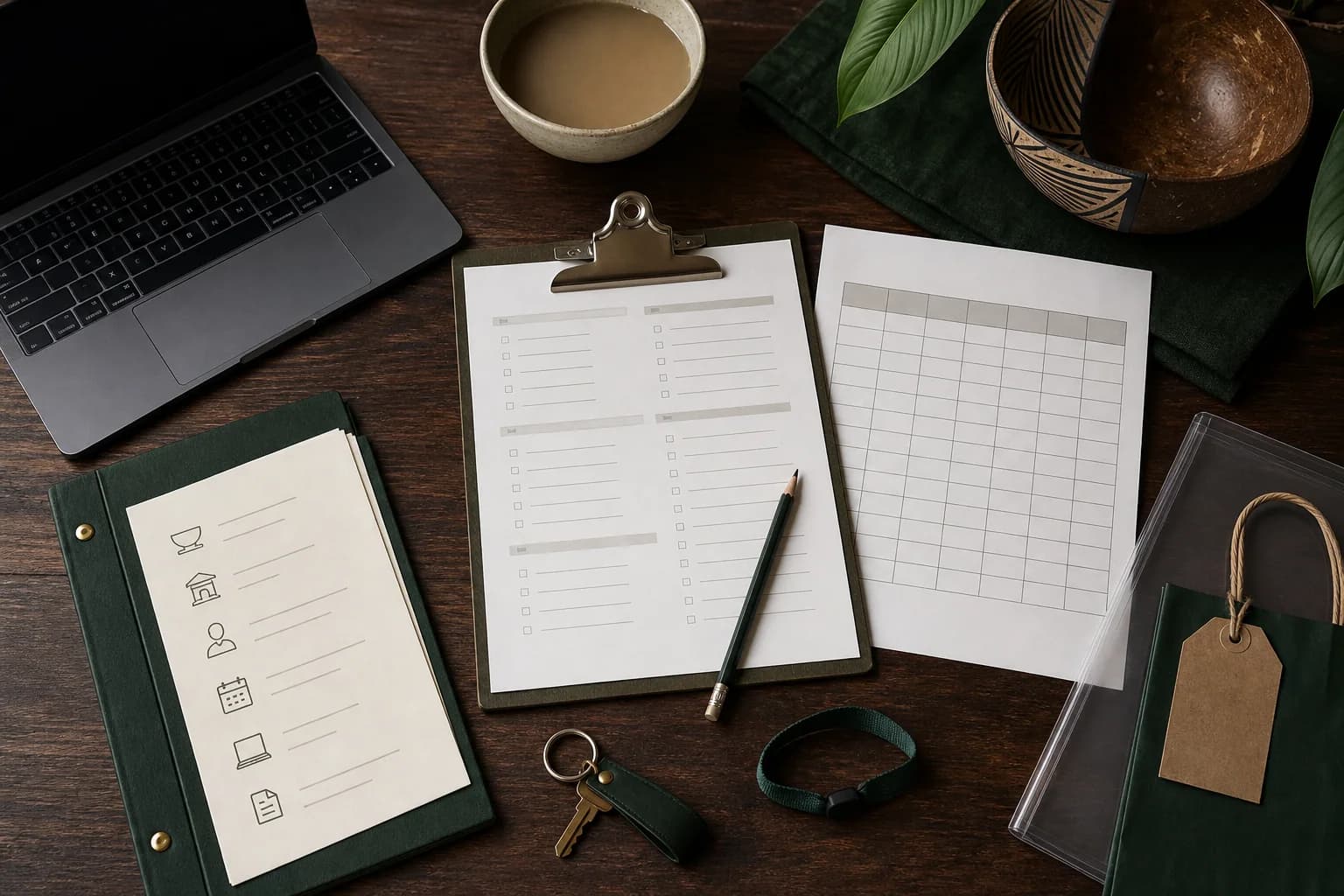 Blank operations checklist and comparison grid with keys, laptop, document sleeve, and kava shells on an operator table
