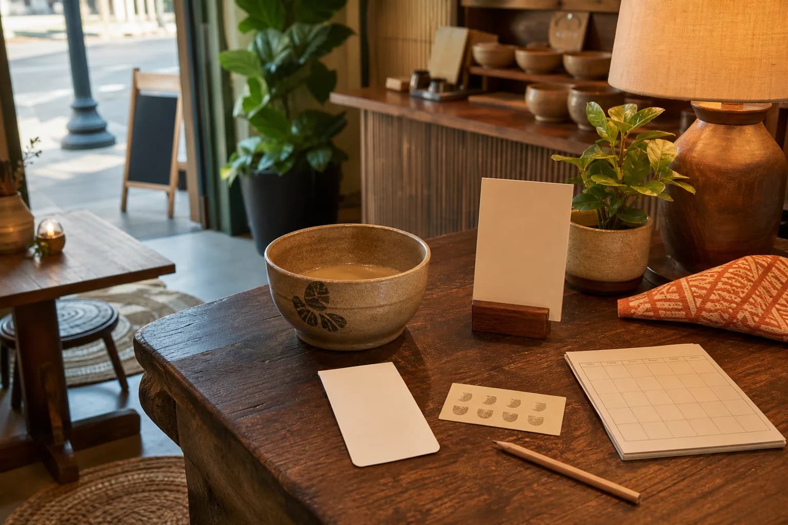 Warm kava bar table with a ceramic shell, blank event card, return-visit card, calendar, and visible storefront entrance