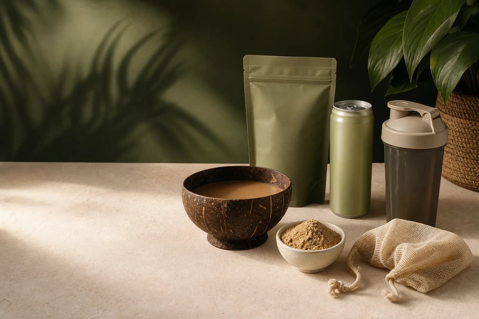 Prepared kava, kava powder, a strainer bag, a can and a shaker arranged for comparison