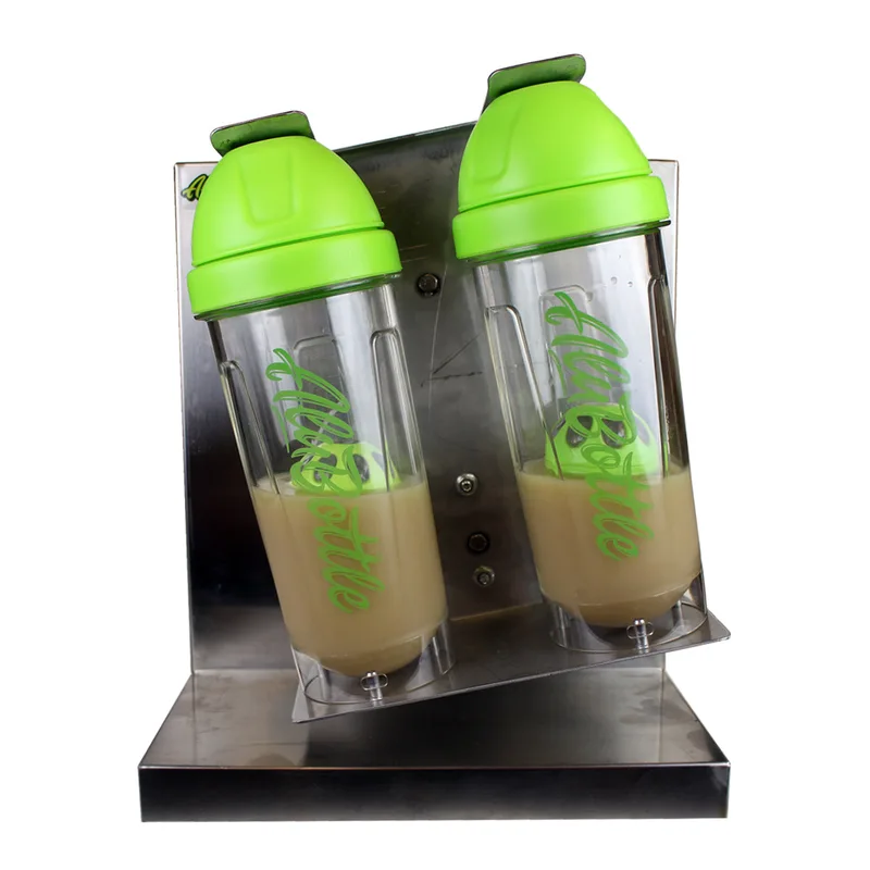 AluBall Kava Machine with two green-topped shaker bottles on a metal stand