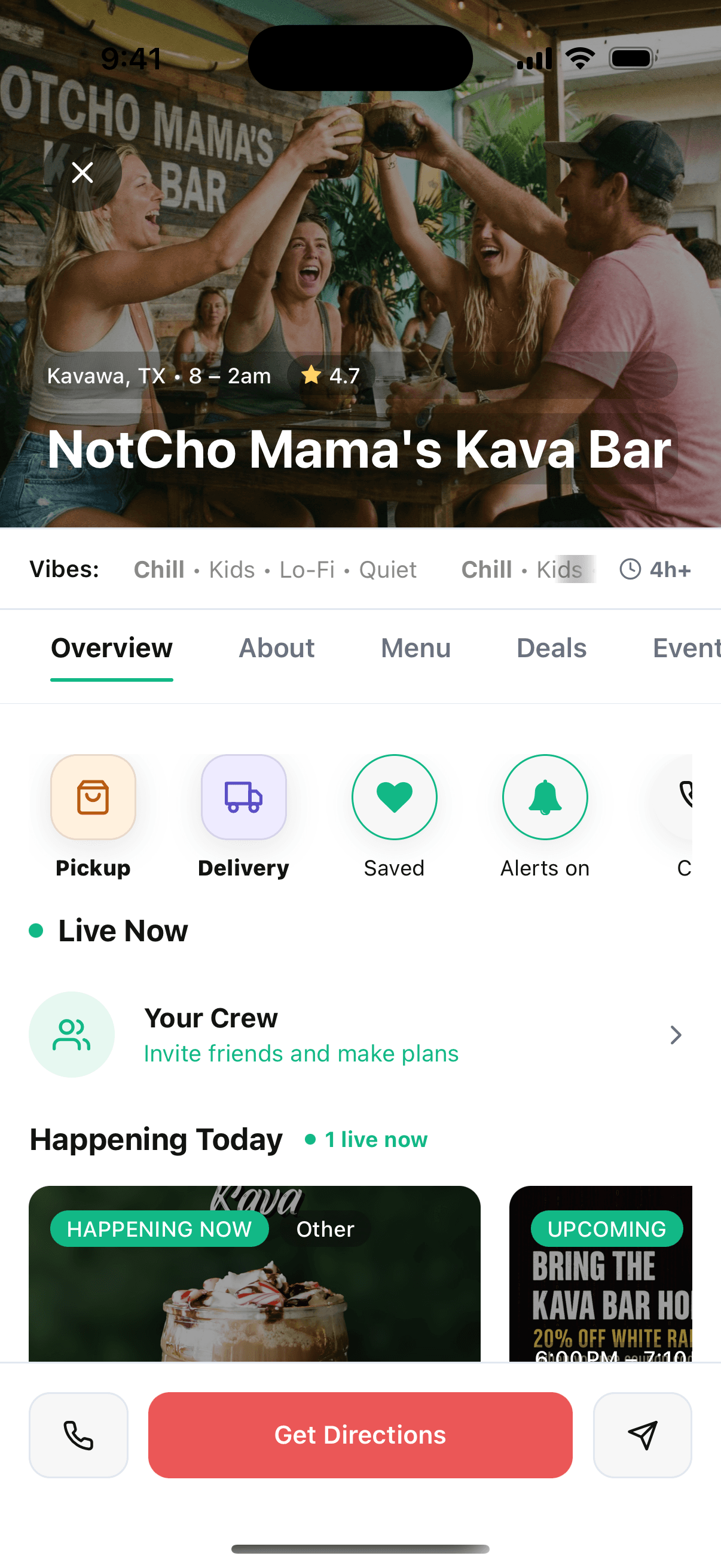 HappyKava kava bar profile showing tabs, pickup and delivery, live presence, today’s activity, and directions