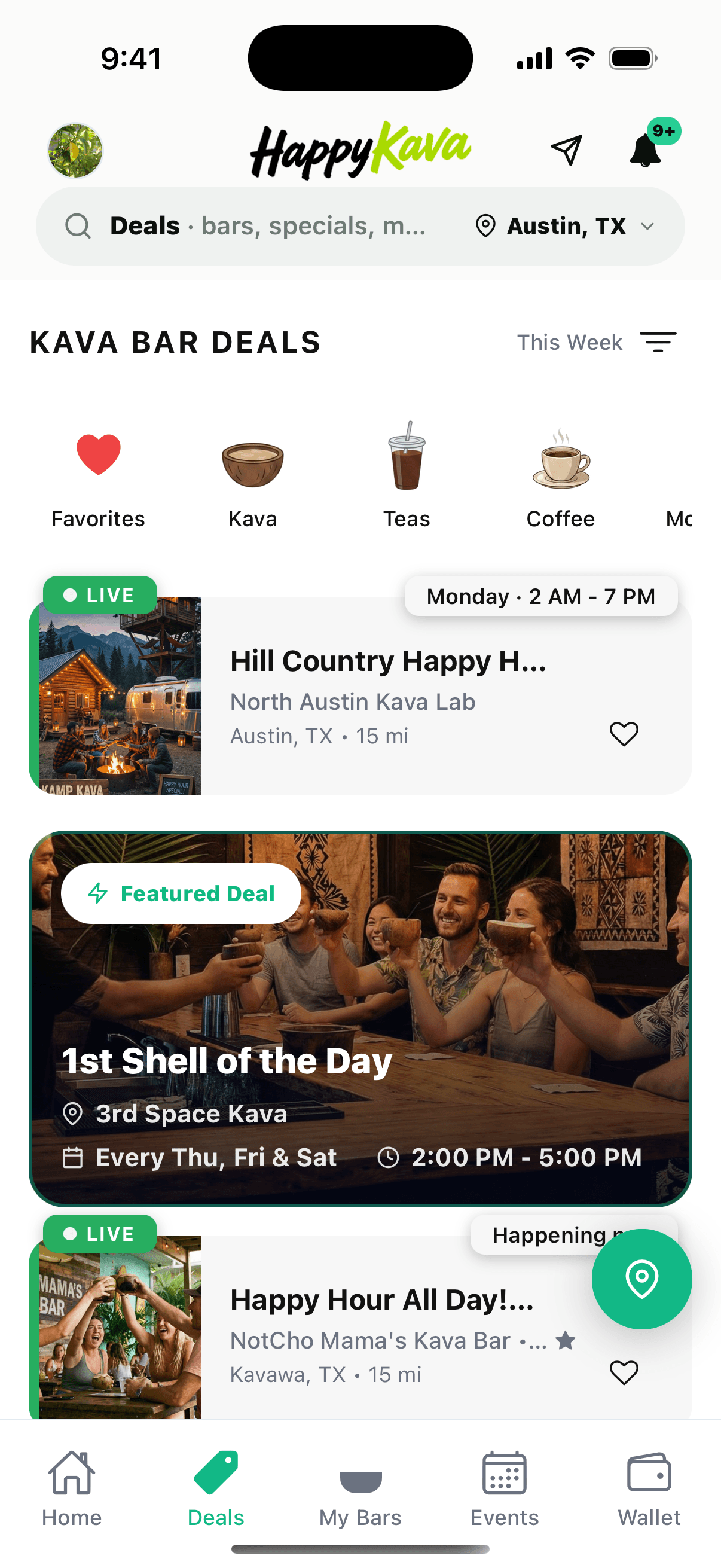 HappyKava Deals screen showing drink filters, live offers, featured deals, and nearby kava bar specials