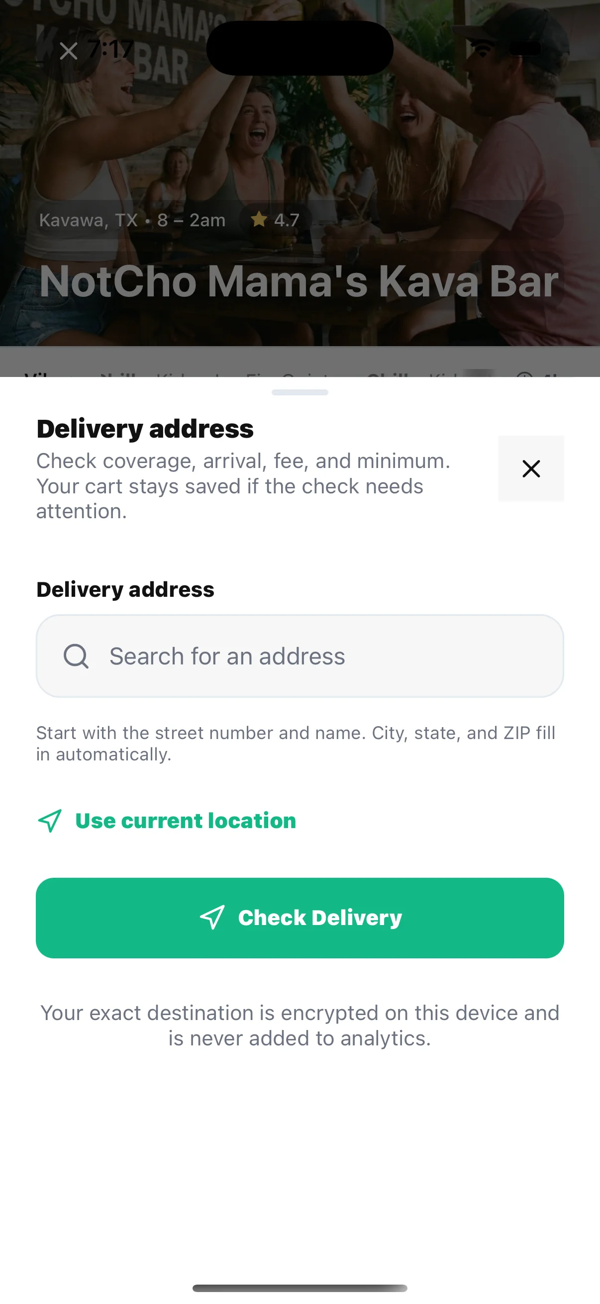 HappyKava Delivery address sheet with address search, current location option, Check Delivery button, and privacy note