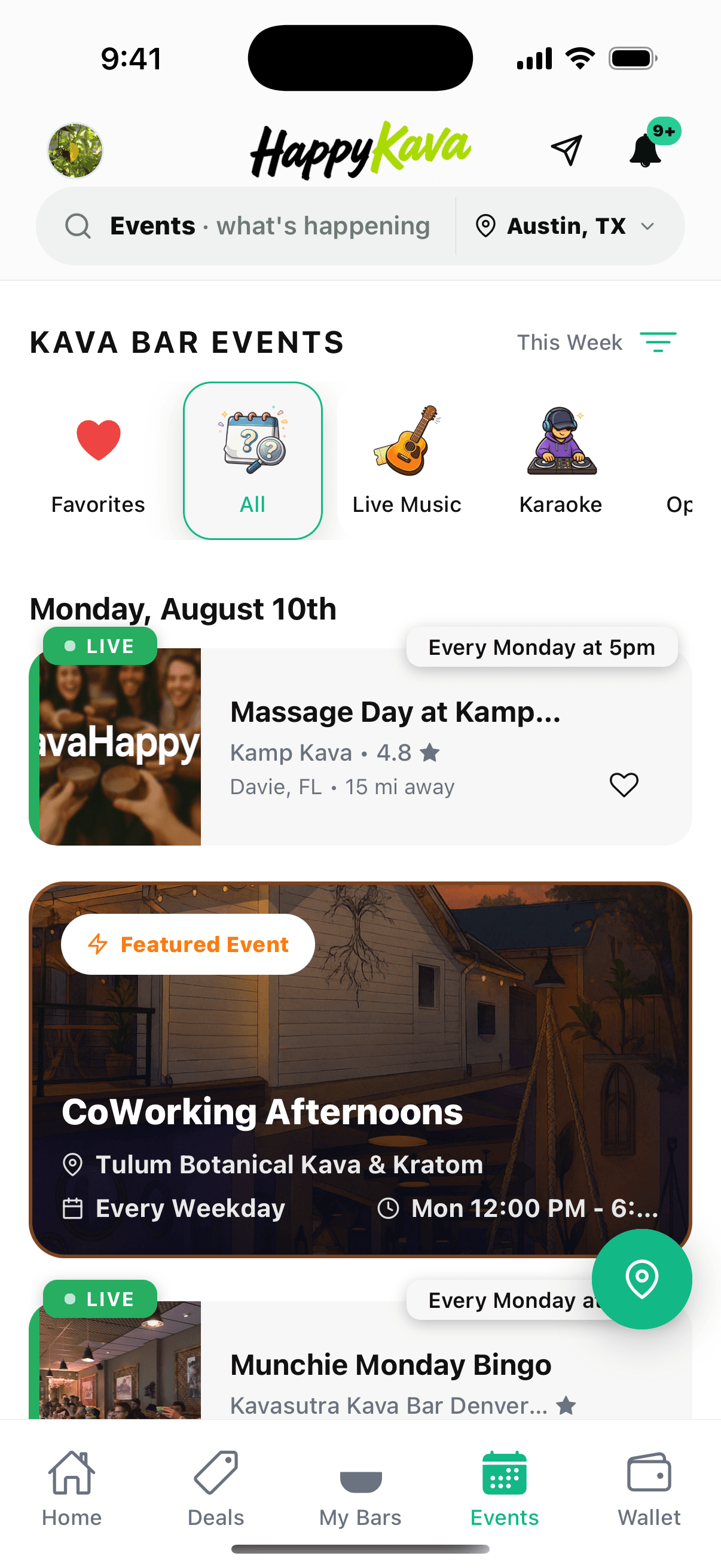 HappyKava Events screen showing event categories, live listings, and a featured recurring event