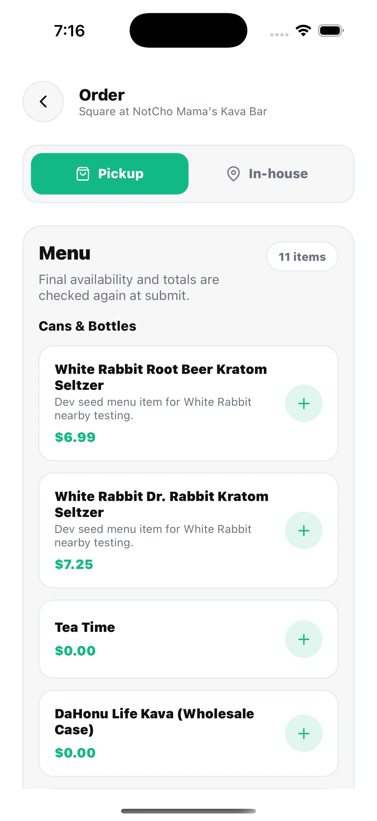 HappyKava KavaPay Order screen showing Pickup and In-house modes with a current provider-connected menu