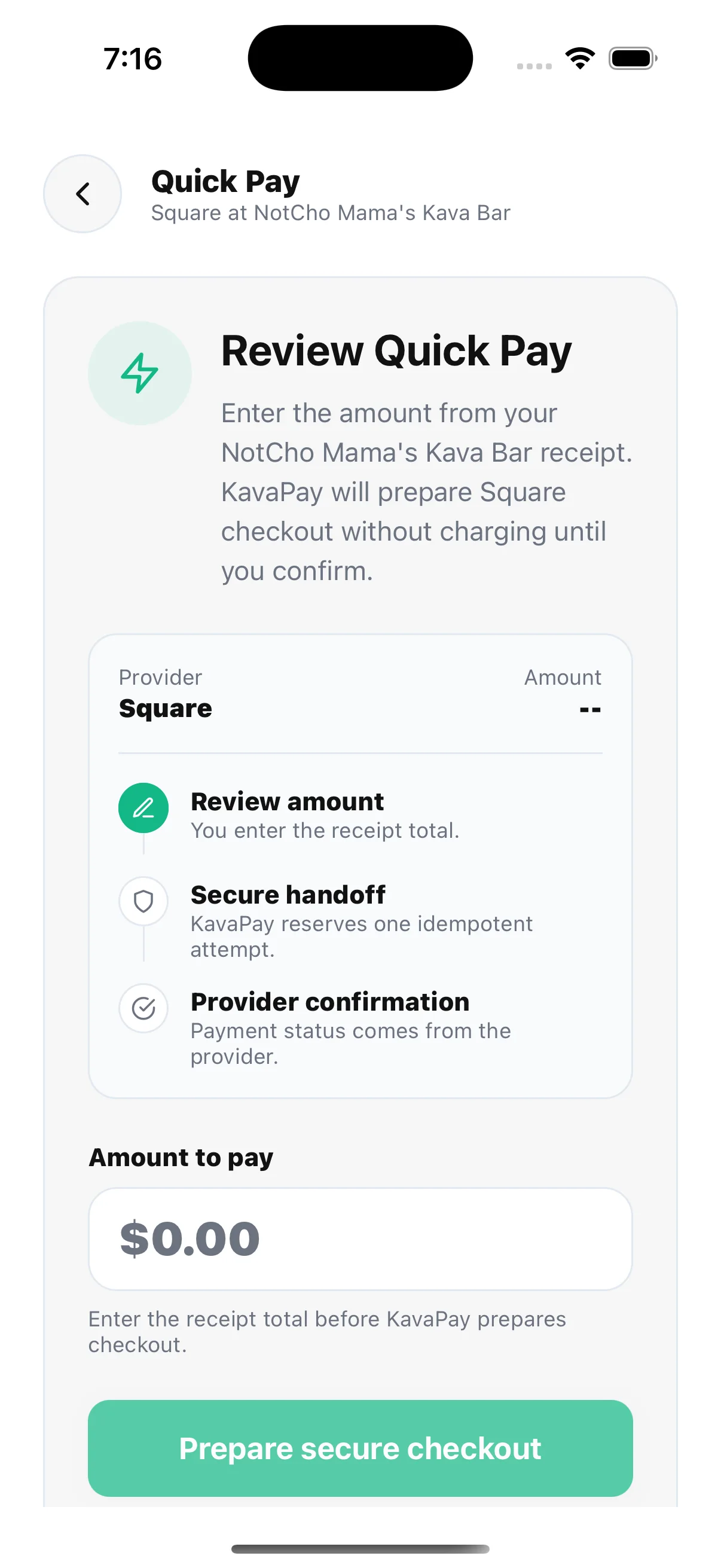 HappyKava KavaPay Quick Pay screen showing receipt amount review, secure handoff, provider confirmation, and Prepare secure checkout