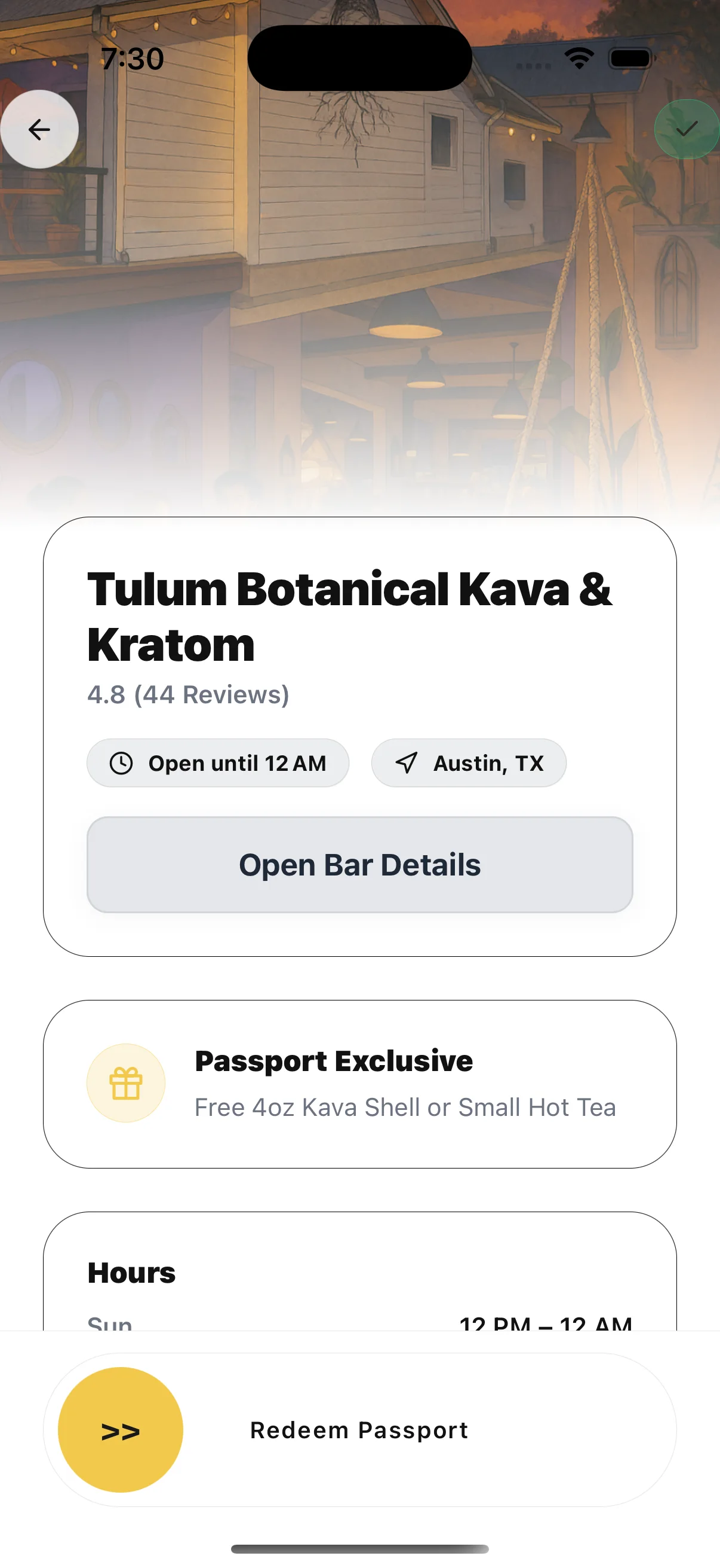 HappyKava Passport participating-bar screen showing the venue, current rating and hours, a Passport Exclusive, and Redeem Passport action