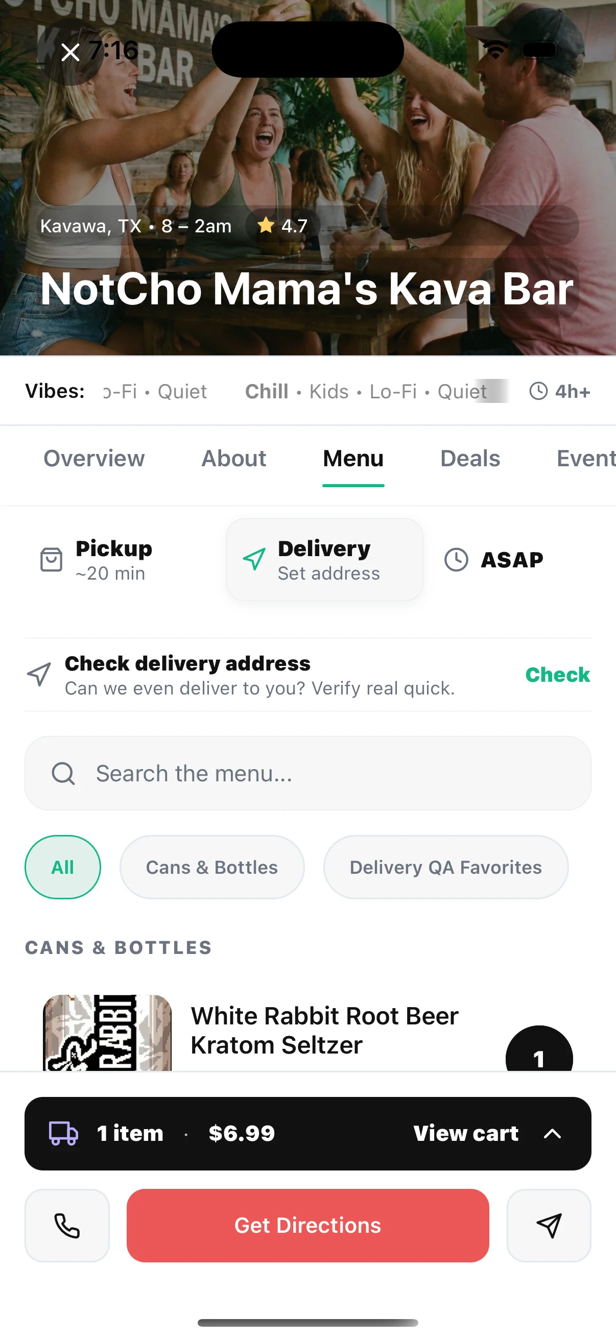 HappyKava bar menu showing Pickup and Delivery controls, delivery address verification, menu categories, an item quantity, and a View cart action