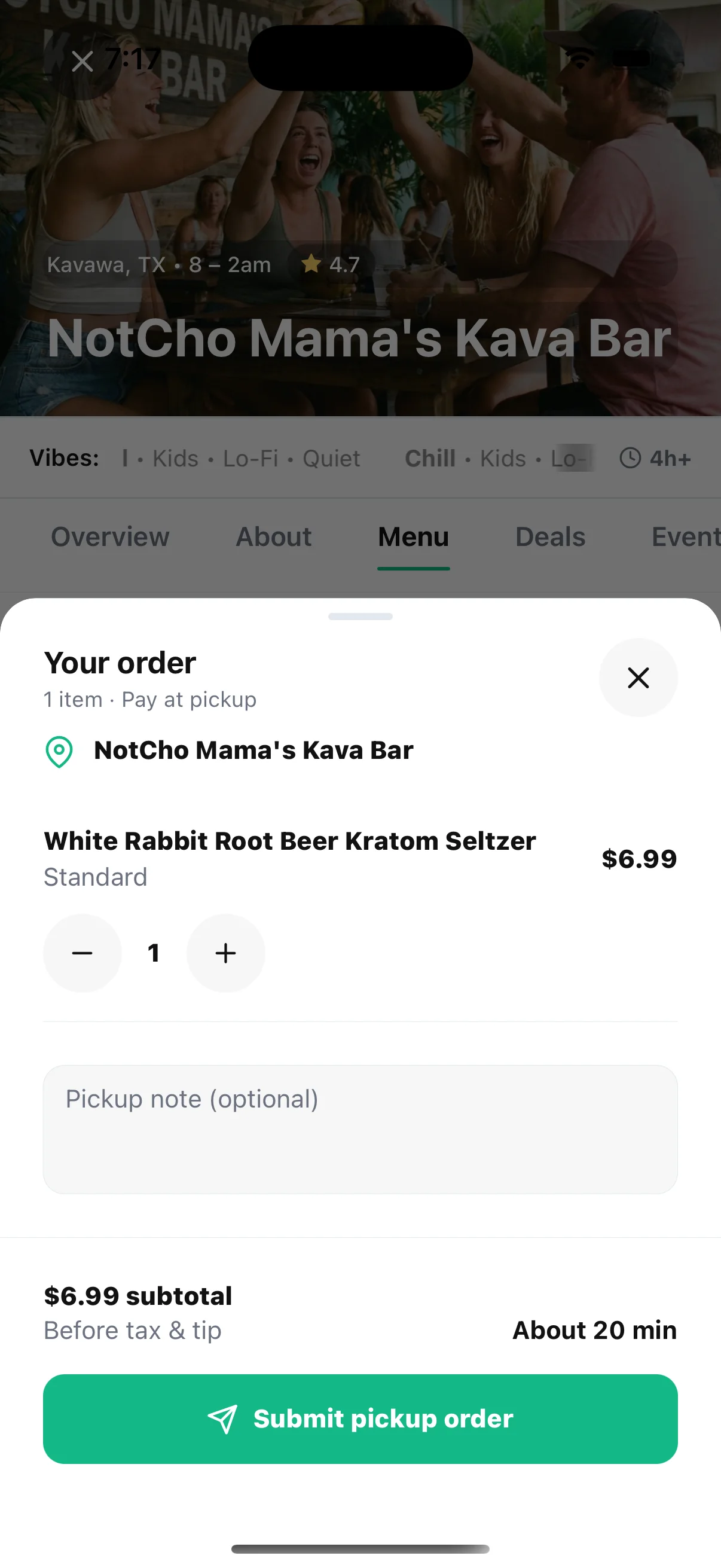 HappyKava pickup cart showing a bar, one menu item, quantity controls, an optional pickup note, subtotal, timing, and Submit pickup order button