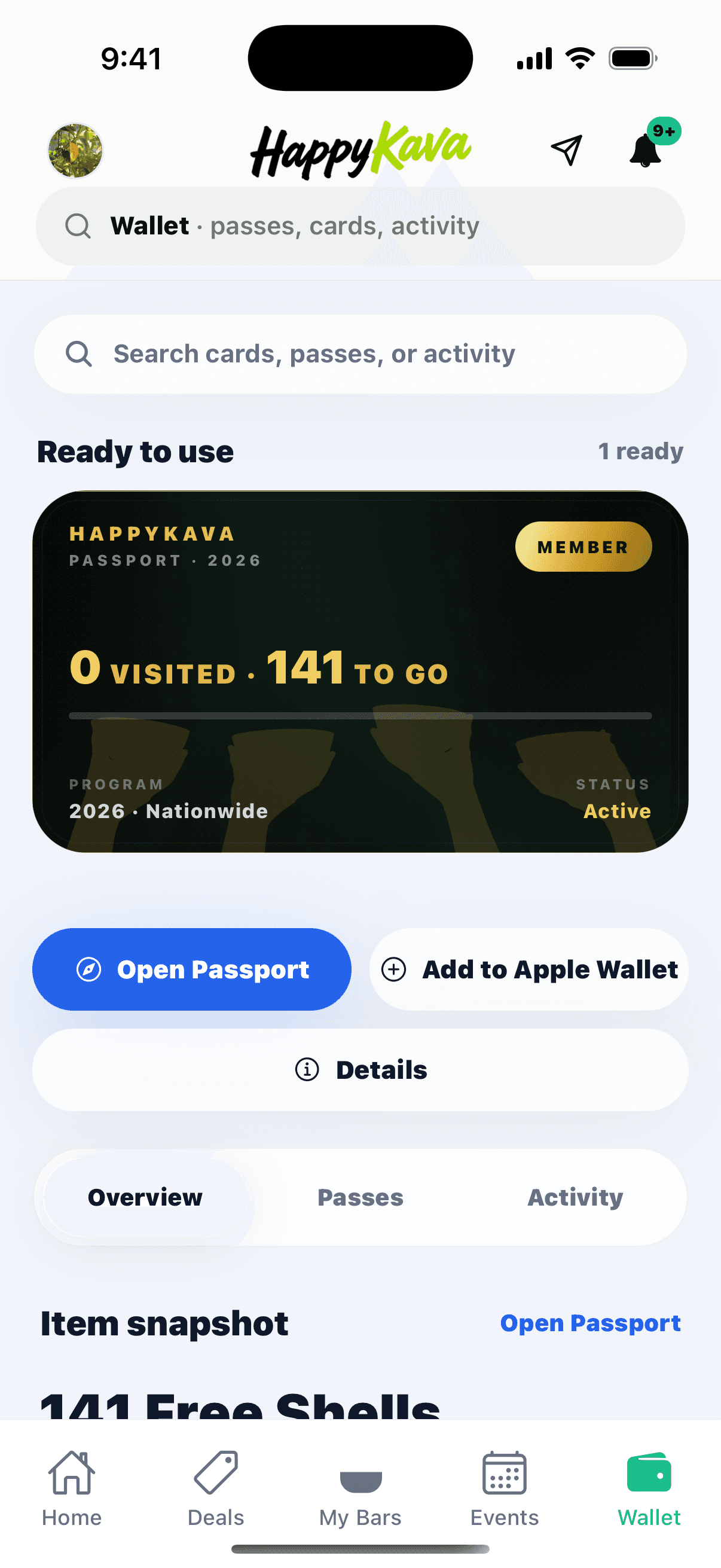 HappyKava Wallet screen showing the 2026 HappyKava Passport card, Apple Wallet action, and pass activity tabs