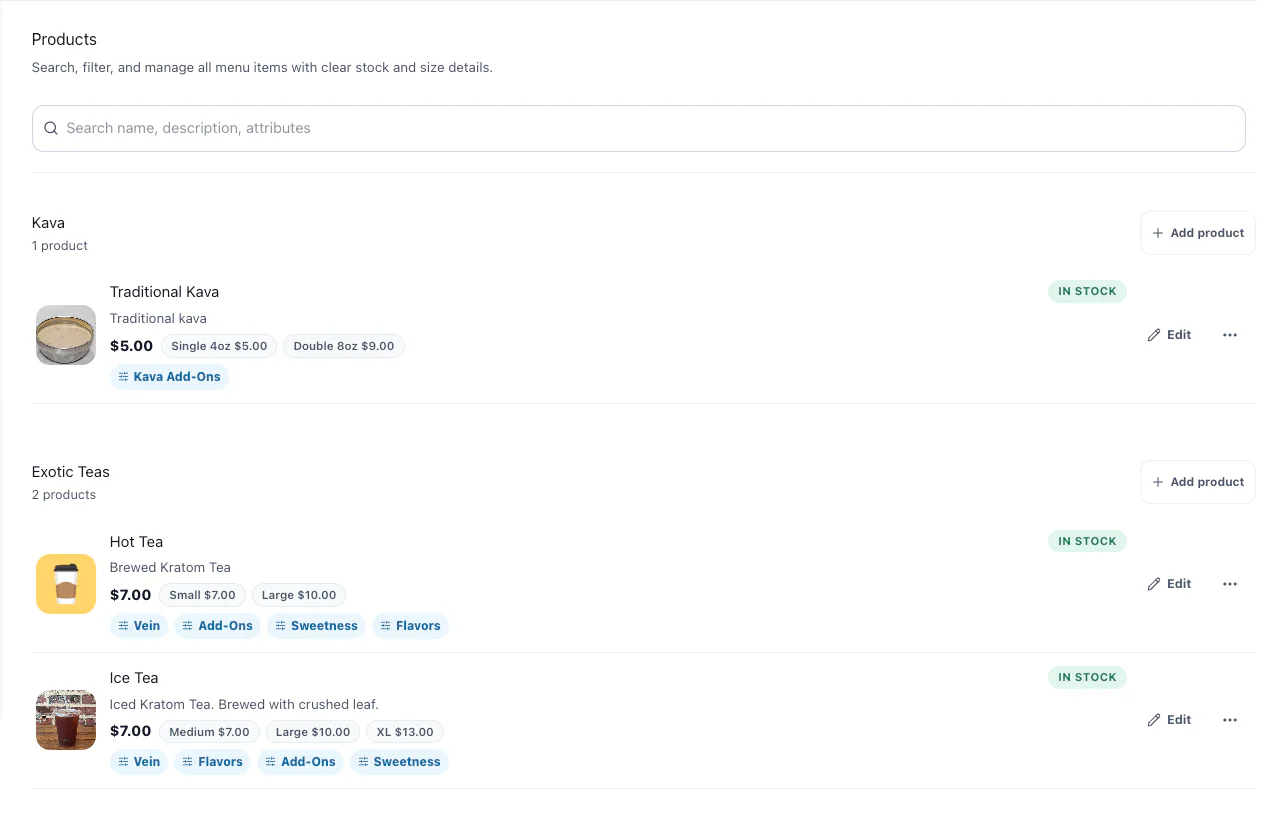 HappyKava Menu Maker showing categories, product prices, add-ons, and stock status