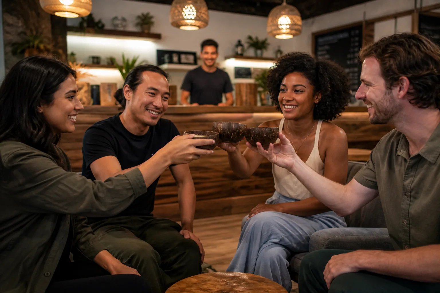 Editorial illustration of four adult friends raising coconut kava shells together in a modern kava bar
