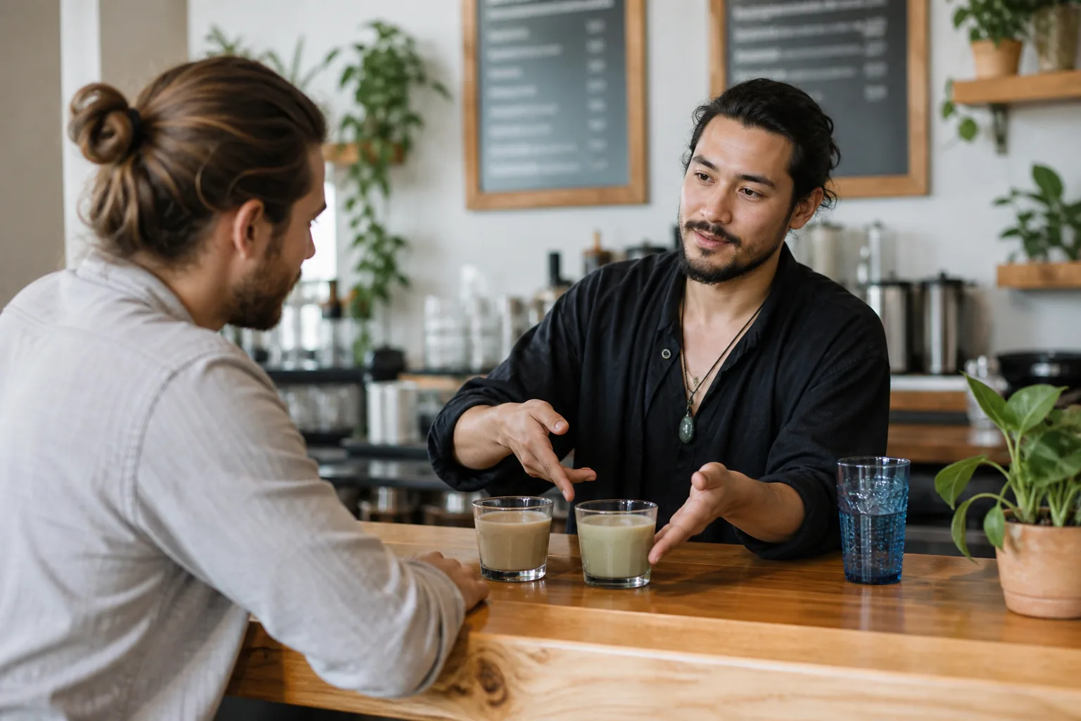 A first-time visitor listening while a kavatender explains two kava drinks at the bar