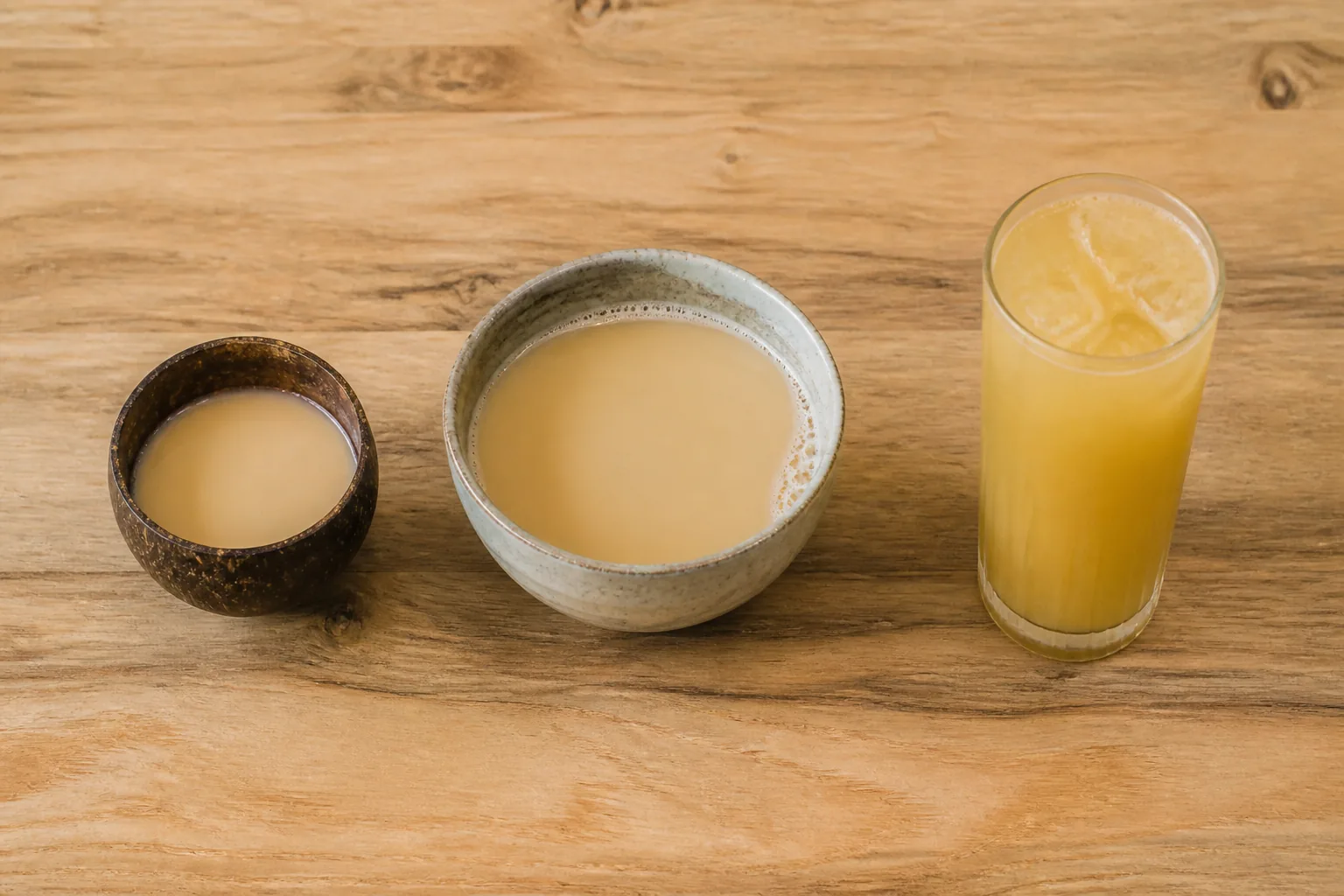A small coconut kava shell, a larger ceramic serving, and a tall flavored kava drink arranged side by side