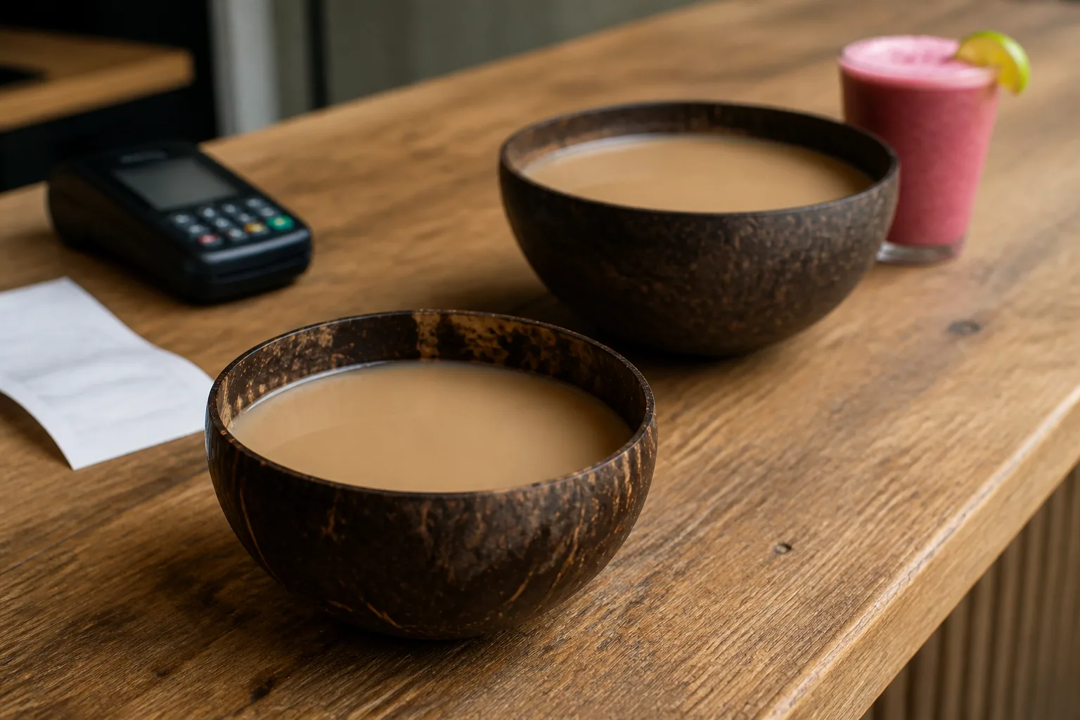 Editorial illustration of two kava shell sizes and a specialty kava drink beside a receipt and card reader