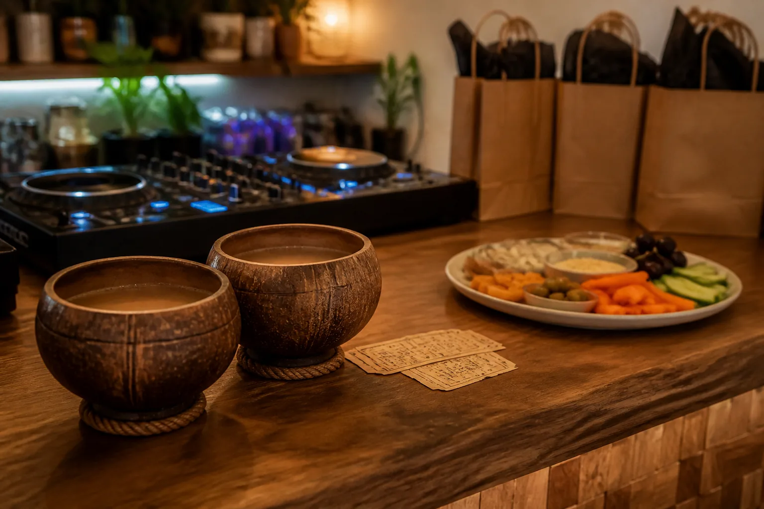 Two kava shells, a DJ controller, food, raffle tickets, and gift bags arranged on a bar counter