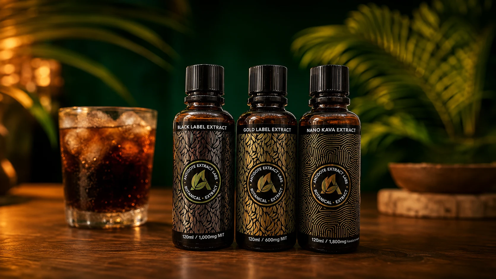 Editorial illustration of Antidote Extract Labs Black Label, Gold Label, and Nano Kava bottles beside a glass of soda