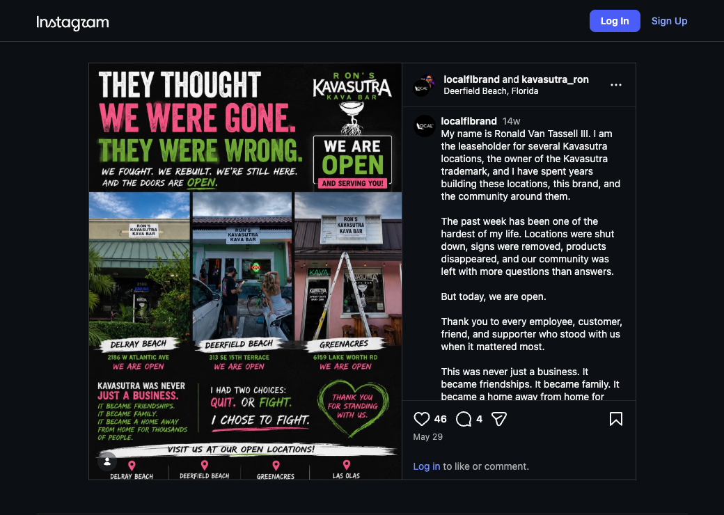 The May 29 Instagram announcement identifying the four Florida bars operating as Ron’s Kavasutra