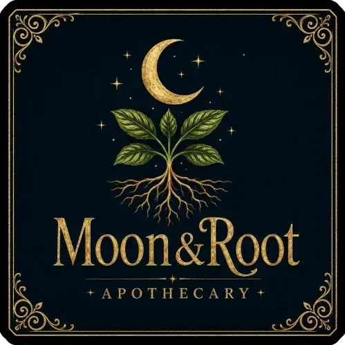 Moon and Root Apothecary logo with a gold crescent moon and leafy roots