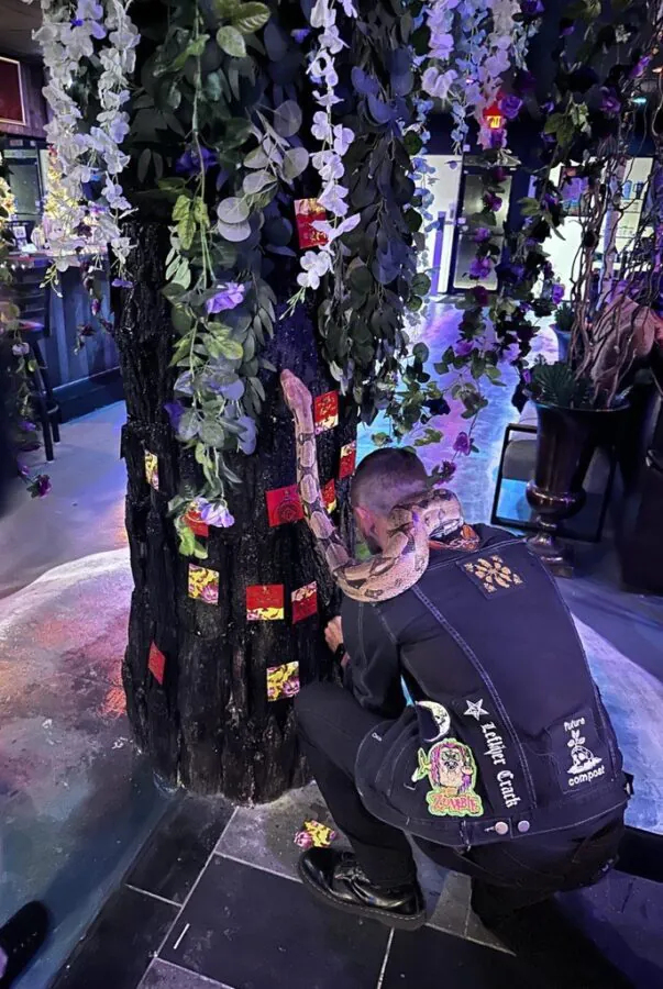 A snake rests around a person’s shoulders beside a flower-covered column inside Tribe Tea Lounge