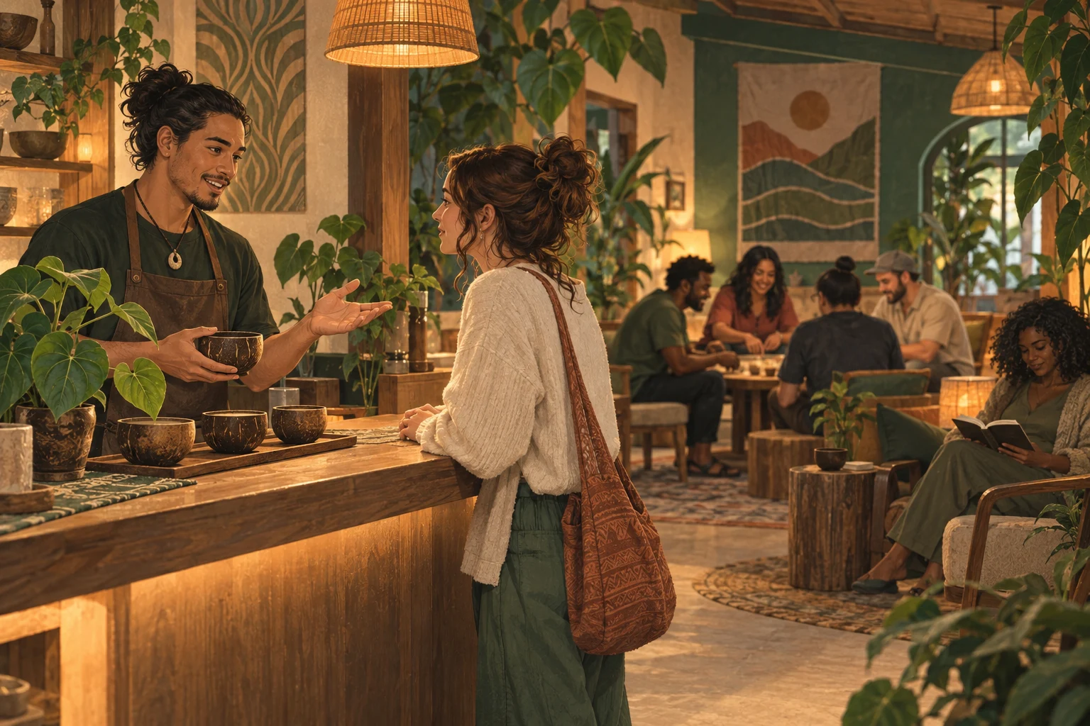 A kavatender welcomes a new guest while other adults play a game or enjoy a quiet seat