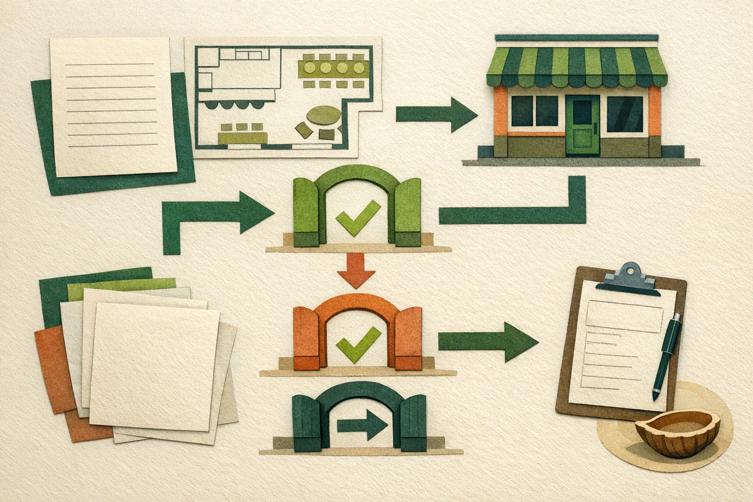 Editorial approval path connecting a menu, floor plan, storefront, decision gates, and inspection log