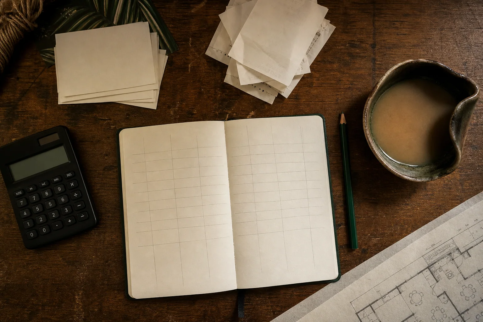 Top-down operator planning desk with calculator, notebook, kava shell, and floor plan