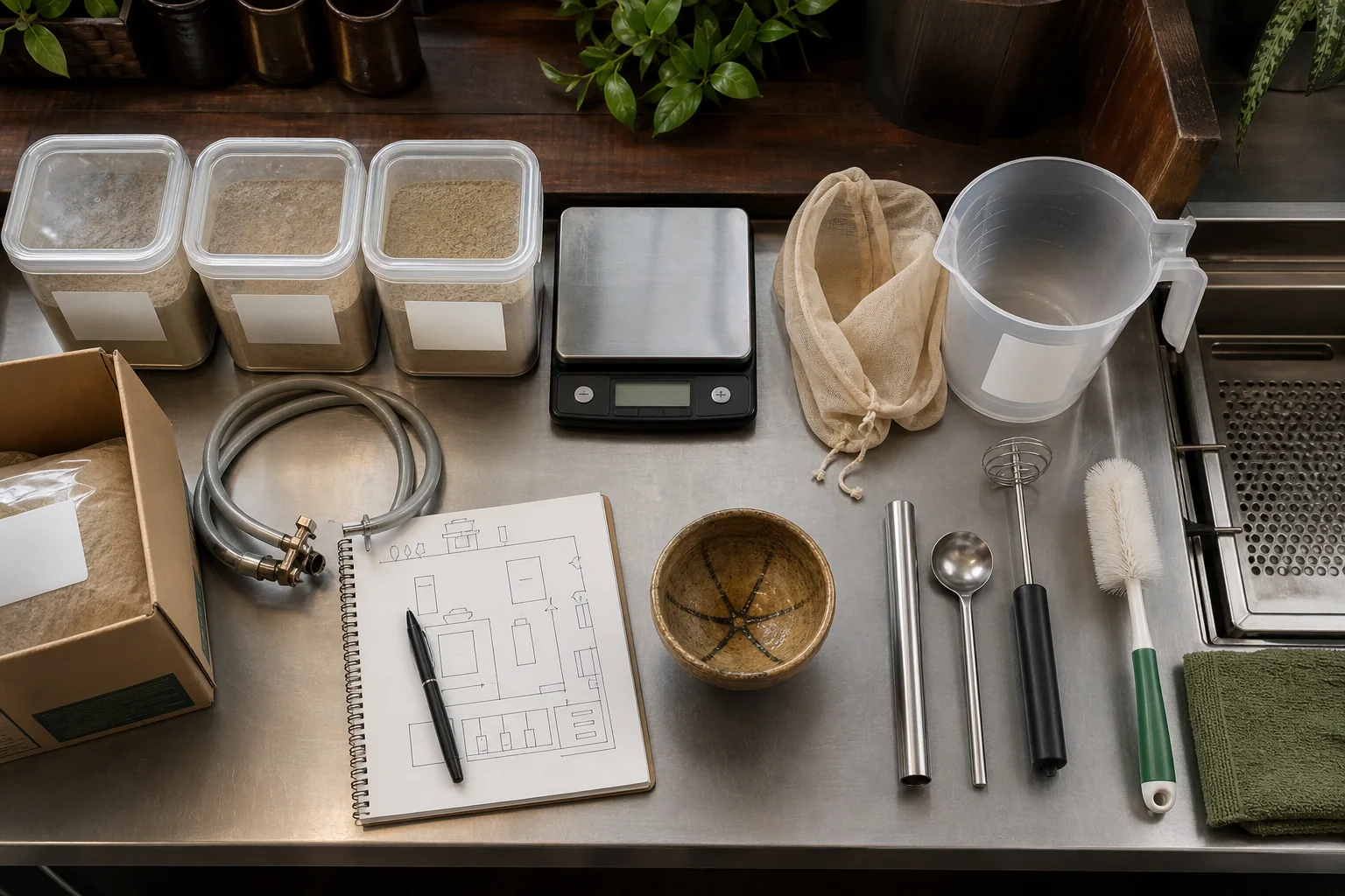Commercial kava preparation equipment and service tools arranged as an operator workflow