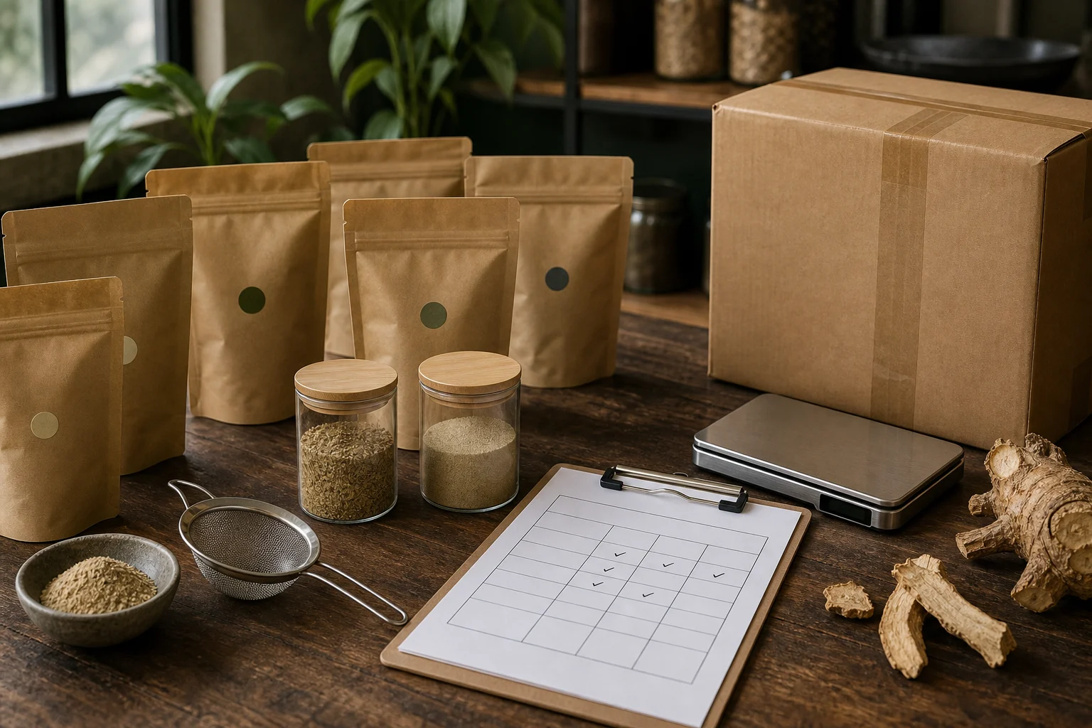 Kava roots, supply bags, sample bowls, and an operator clipboard arranged for supplier evaluation