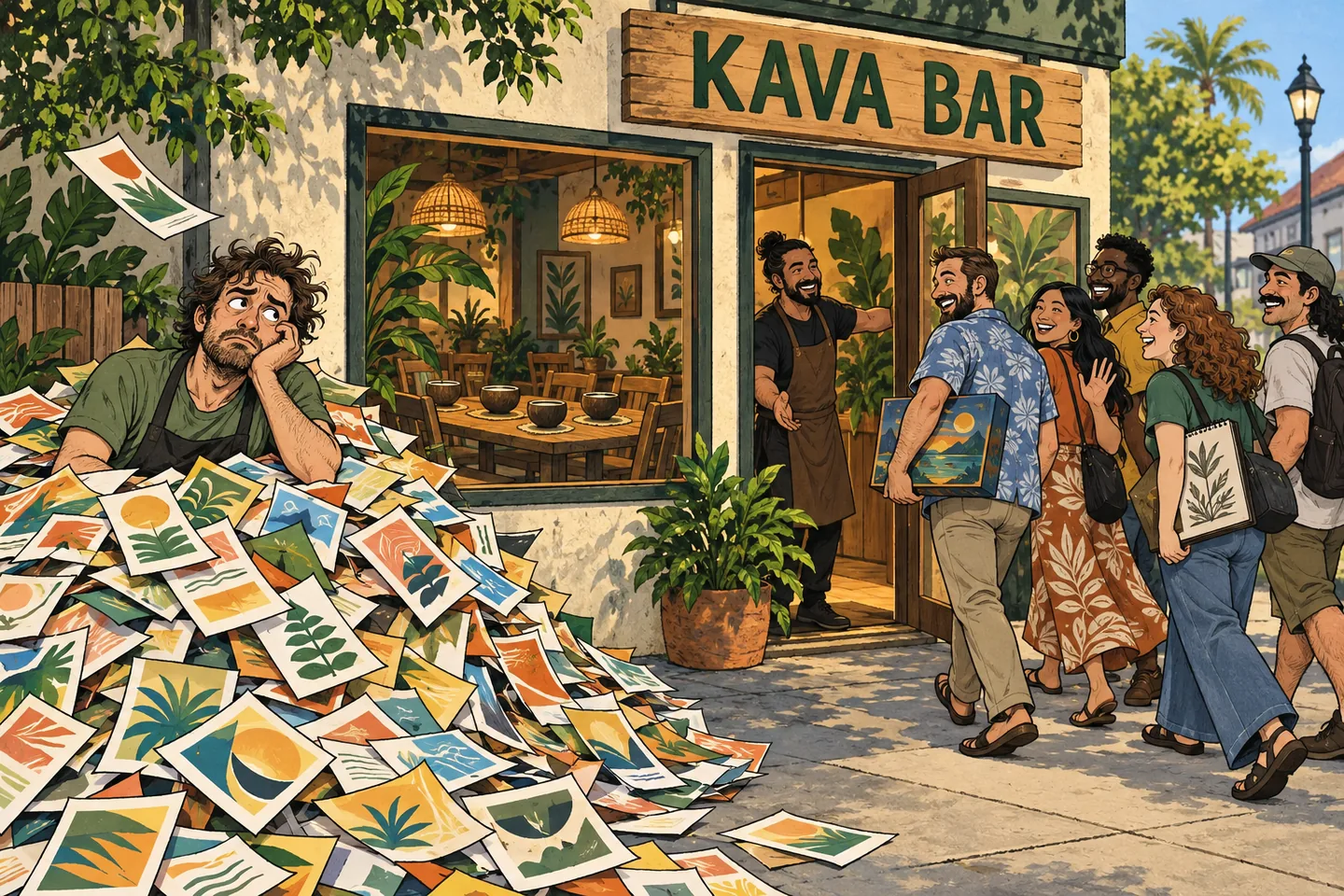 An owner sits buried in unused flyers while a local organizer brings a group to a waiting kava bar host