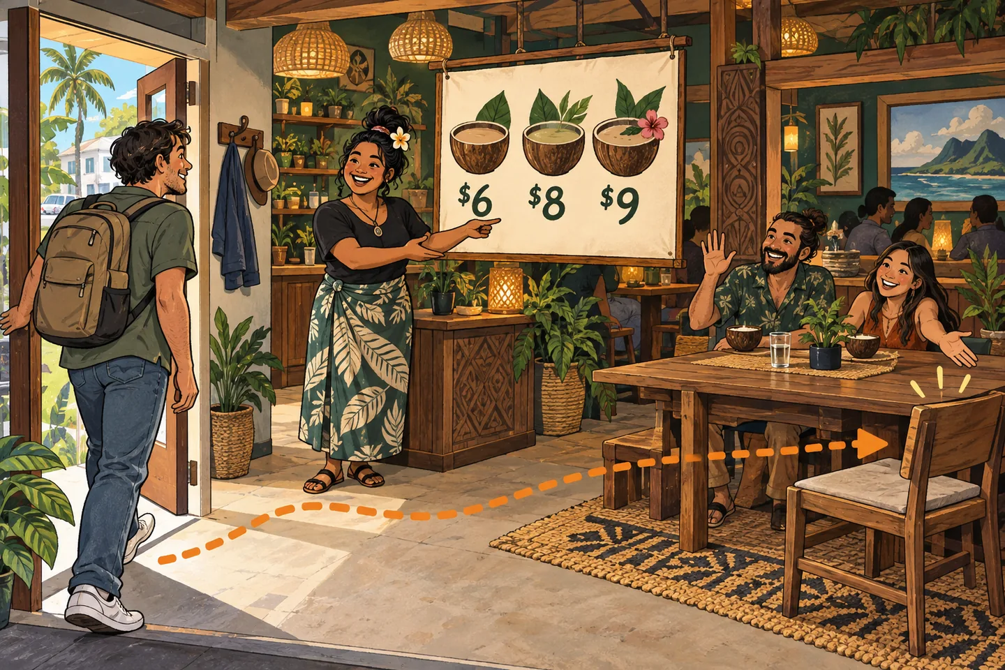 An arriving guest sees the entrance, a host explaining menu prices, and people welcoming them to an empty chair