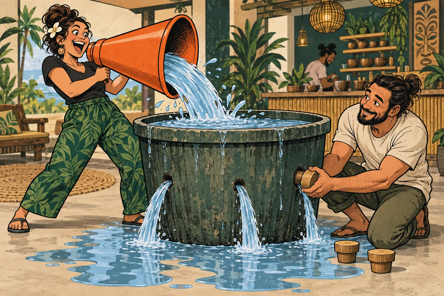 An owner pours water from a megaphone into a leaking bucket while a colleague plugs the holes