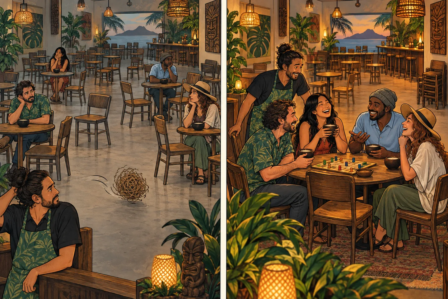 Four guests sit awkwardly among empty tables, then enjoy the same evening together with an active game-night host